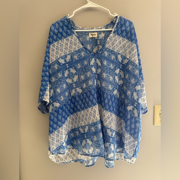 Show Me Your Mumu Shook Tunic Teacup Tulips SZ SM Paisley Blue White Shear Flowy - Picture 2 of 9